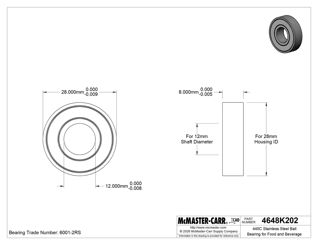 Technical Drawing of 440C Stainless Steel Ball Bearing for Food and Beverage, Sealed, Trade No. 6001-2RS, for 12 mm Shaft Diameter.